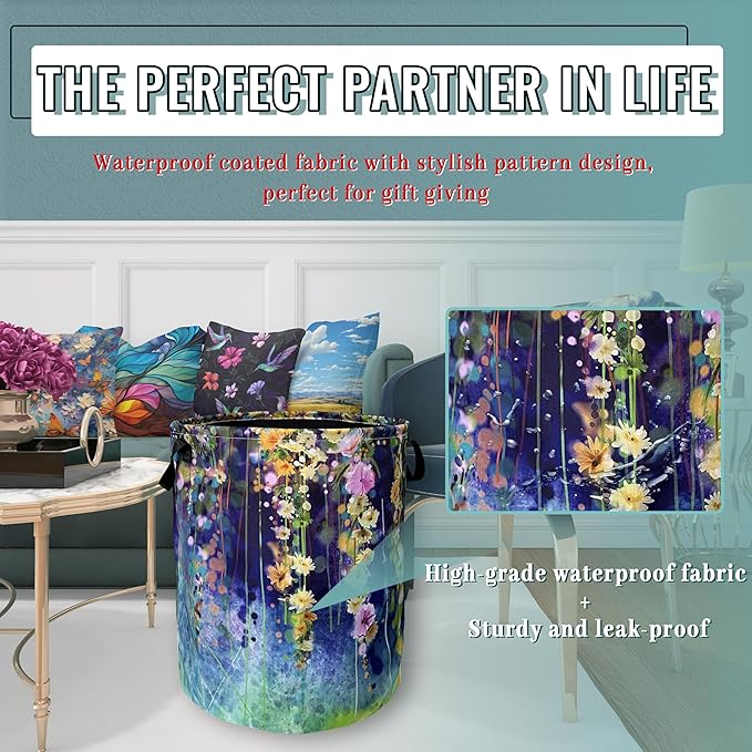 Beautiful Blue Green Floral Laundry Basket Foldable - Image 5