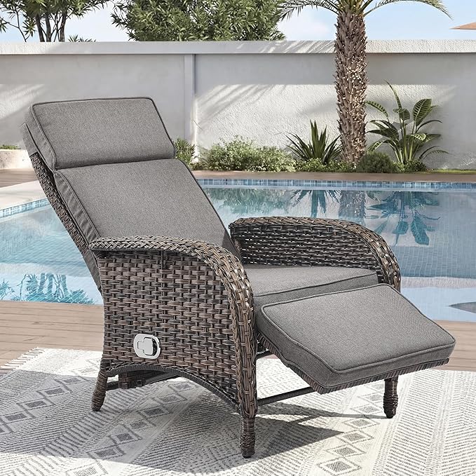 Zero Gravity Wicker Patio Recliner Chair - Wicker Outdoor Lounge Chair with Adjustable Backrest & Footrest, All Weather Outdoor Reclining Chairs with Thick Cushion for Pool Deck Gray by JelwalyPatioFurnitureSet