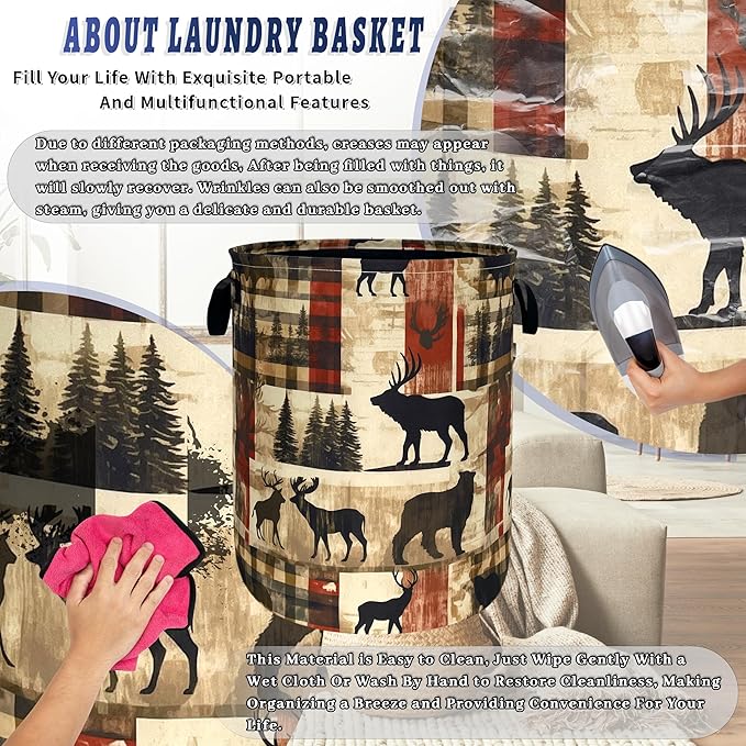 Deer Laundry Basket Portable Oxford Cloth Funny Retro Forest Animal Bears - Image 8