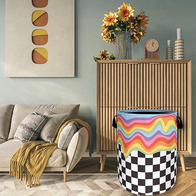 Rainbow Grey White Plaid Laundry Hamper Colorful Hippie Funny Laundry Basket - Image 7