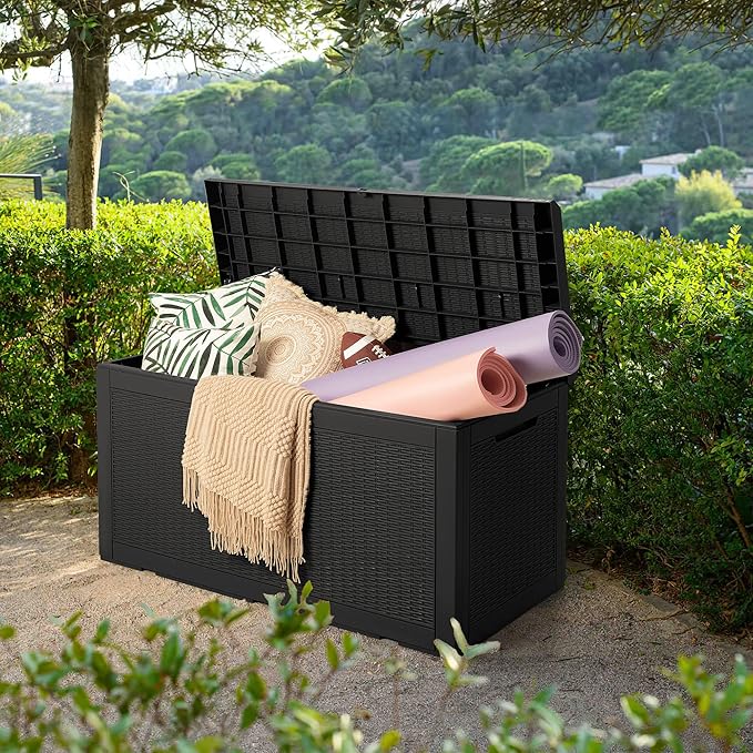 Devoko 100 Gallon Waterproof Large Resin Deck Box Outdoor Storage Box Indoor Lockable Storage Container with Cushion for Patio Furniture Garden Pool Cushions (Black) - Image 3