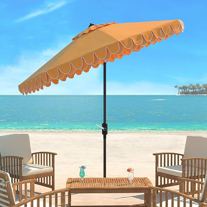 SAFAVIEH 9ft Outdoor Patio Umbrella, Round, Valance, Yellow & White Trim, Auto Crank Tilt, UV Resistant for Deck, Backyard, Poolside (PAT8006B) - Image 2