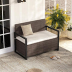 RELAX4LIFE Wicker Outdoor Bench with Storage - Rattan Deck Box w/Protective Liner for Pillows, Pool Supplies, Garden Tools, Patio Loveseat with Seat Cushion & Metal Armrests for Backyard Porch Balcony - Image 8