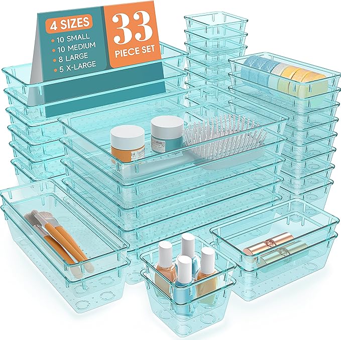 33 PCS Clear Plastic Drawer Organizers Set, 4 Size Desk Drawer Organizer Trays by StorMiracle