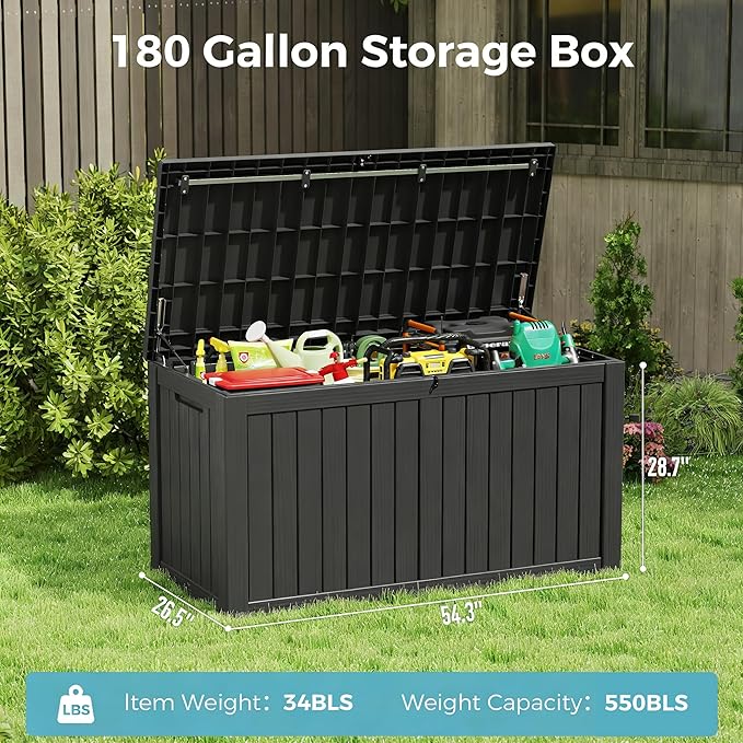 Outdoor Storage Box, Resin Deck Boxes Indoor and outdoor, Waterproof Storage Box Lockable Lid (Black,180 Gallon) - Image 2