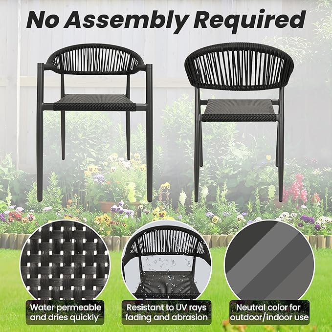 8 Pcs Stackable Patio Dining Chairs, Aluminum Rattan Outdoor Dining Chair with Arms, Woven Rope Garden Armchair Metal No Assembly for Bistro Balcony Porch Deck Yard Cafe Restaurant, Black - Image 6