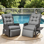 Outdoor Indoor Wicker Recliner with Adjustable Back and Footrest, Patio Reclining Chair with Flip-up Table, Outdoor Rattan Lounge Chair, Grey 2PCS by COMLAXFIELD