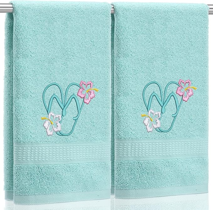 2 Pcs Flip Flops Hand Towels Mint Green Bathroom Decor 14x29 Inch Embroidered by SmoothNovelty