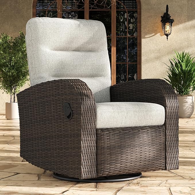 LayinSun Oversized Wicker Outdoor Swivel Glider Recliner with Adjustable Backrest & Footrest, Patio Reclining Lounge Chair by LayinSun