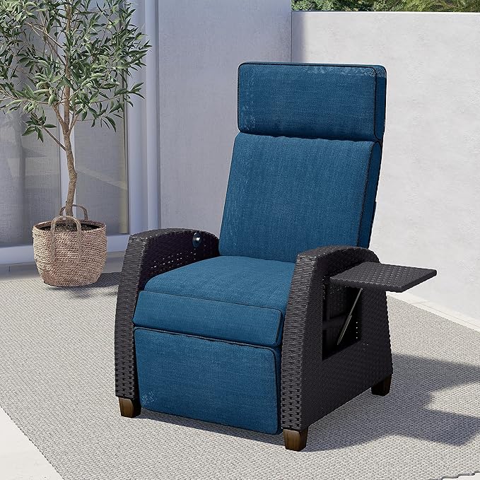 Grand patio Outdoor Recliner Chair Patio 150° Lay Flat Recliner with Flip Table Wicker Reclining Lounge Chair Peacock Blue - Image 5