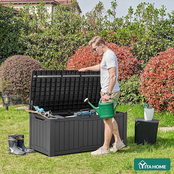 YITAHOME 120 Gallon Outdoor Storage Deck Box, Large Resin Patio Storage for Outdoor Pillows, Garden Tools and Pool Supplies, Waterproof, Lockable, (Dark Grey) - Image 2