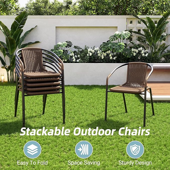Amopatio Outdoor Dining Chairs Set of 6, Rattan Wicker Patio Chairs, Stackable Indoor-Outdoor Chairs, Bistro, Deck, Yard, Porch, 6 Pack, Brown - Image 3