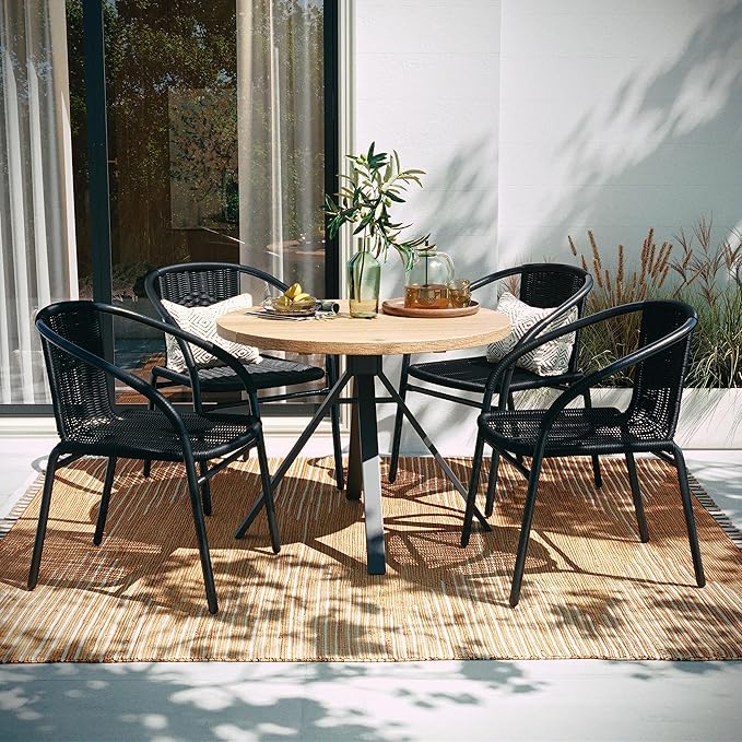 EMMA + OLIVER Set of 4 Modern Rattan Indoor/Outdoor Stack Chairs, Stacking Rattan Patio Chairs with Curved Back and Cross Bracing, Black by EMMAOLIVER