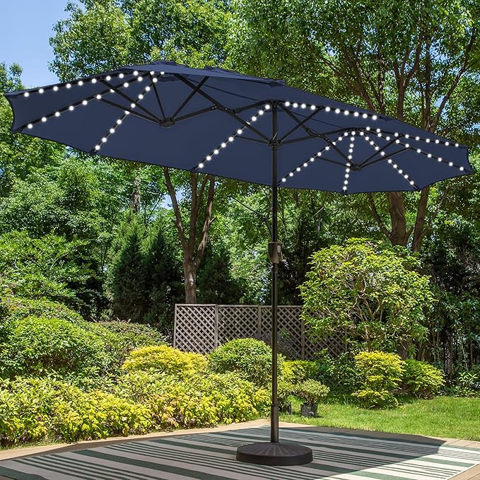 PHI VILLA 13ft Patio Umbrella with Solar-Powered 120 PCS LED Color-Changing Lights, Triple-Head Large Rectangle Umbrella Outdoor Patio for Table with Crank Lift,Navy Blue(No Base) by PHIVILLAThepioneerofcomfortablehouseholdsupplies