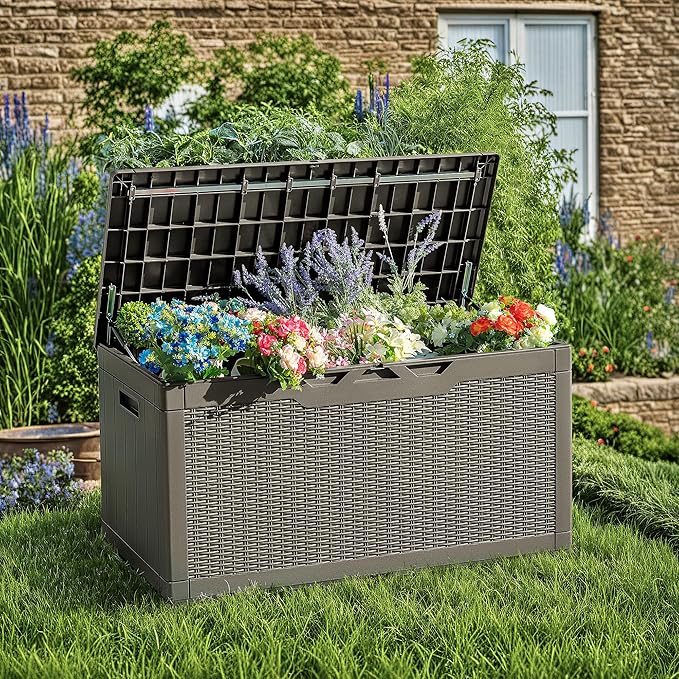 Devoko 97 Gallon Deck Box, Waterproof Resin Outdoor Storage Box for Outside and Patio, Large Outdoor Storage Bench Cabinet Lockable for Patio Furniture, Garden Tools and Pool Supplies (Brown) - Image 3