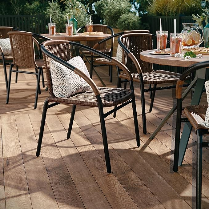 EMMA + OLIVER Set of 4 Modern Rattan Indoor/Outdoor Stack Chairs, Stacking Rattan Patio Chairs with Curved Back and Cross Bracing, Brown - Image 4