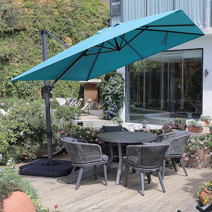 PURPLE LEAF Cantilever Umbrella with Base 9 Feet Patio Outdoor Aluminum Offset Umbrella with 360-degree Rotation for Garden Deck Pool Patio Turquoise Blue - Image 2