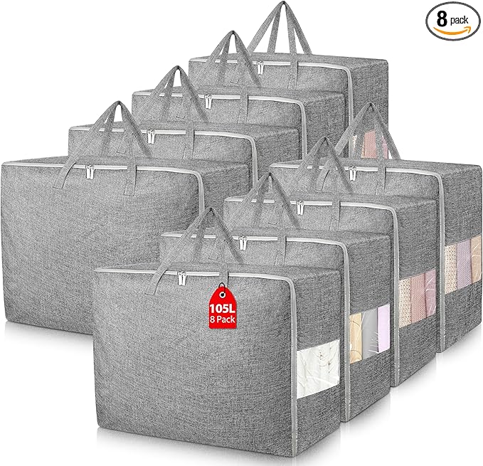 8Pack 105L Extra Large Storage Bags, Folding Moving Comforter Blanket Storage by Besslly