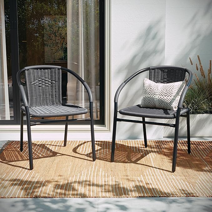 EMMA + OLIVER Set of 4 Modern Rattan Indoor/Outdoor Stack Chairs, Stacking Rattan Patio Chairs with Curved Back and Cross Bracing, Gray - Image 6