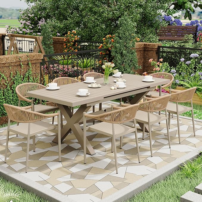 4 Pcs Stackable Patio Dining Chairs, Aluminum Rattan Outdoor Dining Chair with Arms, Woven Rope Garden Armchair Metal No Assembly for Bistro Balcony Porch Deck Yard Cafe Restaurant, Light Brown - Image 2