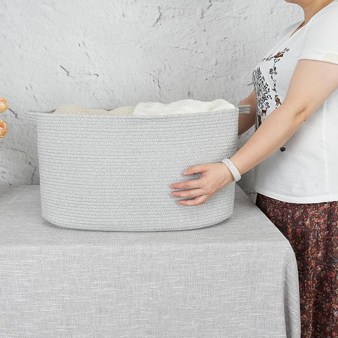Large Rectangle Blankets Basket Living Room 22"x17"x12" Woven Cotton Rope - Image 3