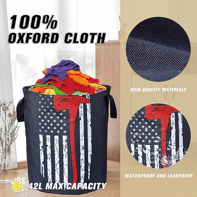 American Flag Red Line Ax Laundry Basket Firemen Foldable Oxford Cloth Funny - Image 6