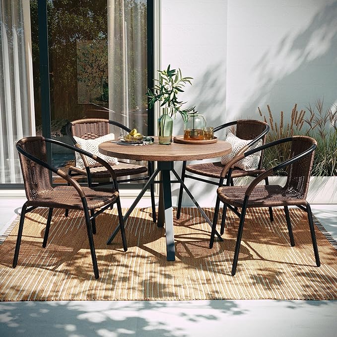 Flash Furniture Lila Modern Rattan Indoor/Outdoor Stackable Dining Chairs, Stacking Rattan Bistro Chairs for Patio or Restaurant, Set of 4, Brown - Image 2