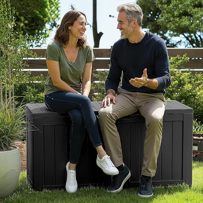 ROJIK Outdoor Storage Housing Deck Box - Waterproof Patio Furniture, Garden Tools, Cushions, Pool Accessories Storage Bench with Lockable Lid and Side Handles (Black 90 Gal) - Image 7