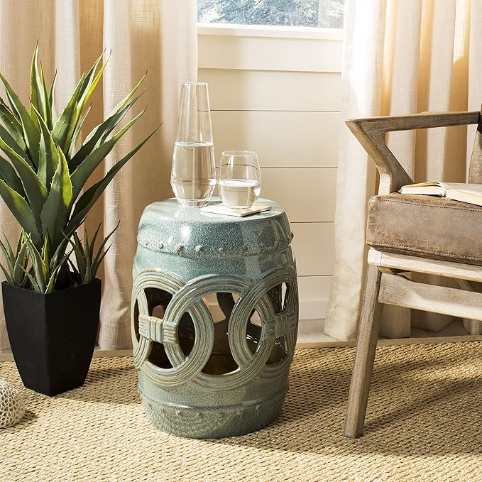 SAFAVIEH Home Collection Double Coin Antique Blue-Green Ceramic Indoor/ Outdoor Decorative Garden Stool (Fully Assembled) - Image 2