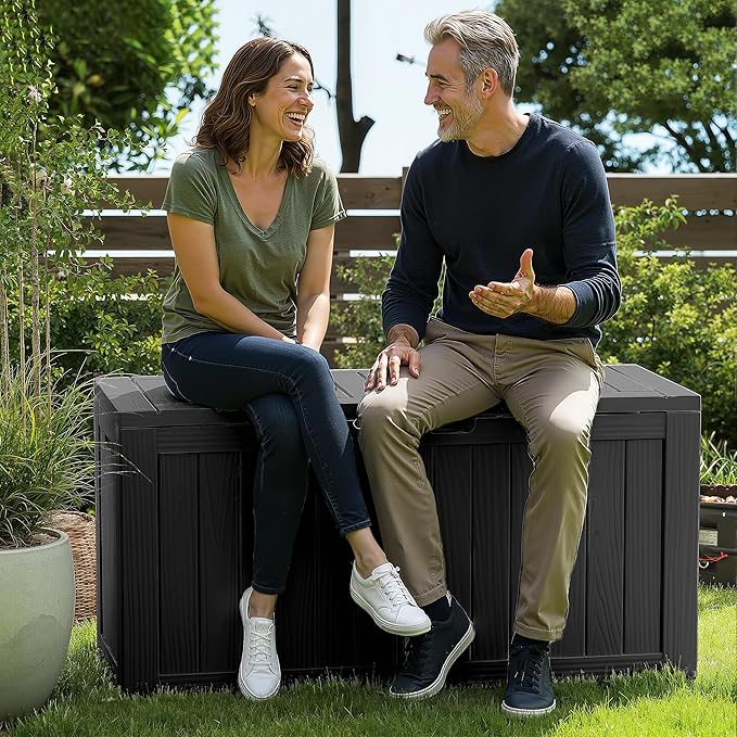 ROJIK Outdoor Storage Box with Wheels,75 Gallon Waterproof Resin Deck Box, Lockable Storage for Patio Cushions,Garden Tools,Pool Accessories,UV-Resistant Storage Bench for Backyard & Deck（Black） - Image 7