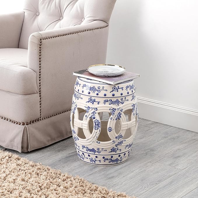 JONATHAN Y TBL1027A Lucky Coins 16" Chinese Ceramic Drum Indoor/Outdoor Garden Stool Bohemian, Coastal, Classic, Cottage, French Country, Patio, Garden Room, Bathroom, Living Room, Blue/White - Image 2