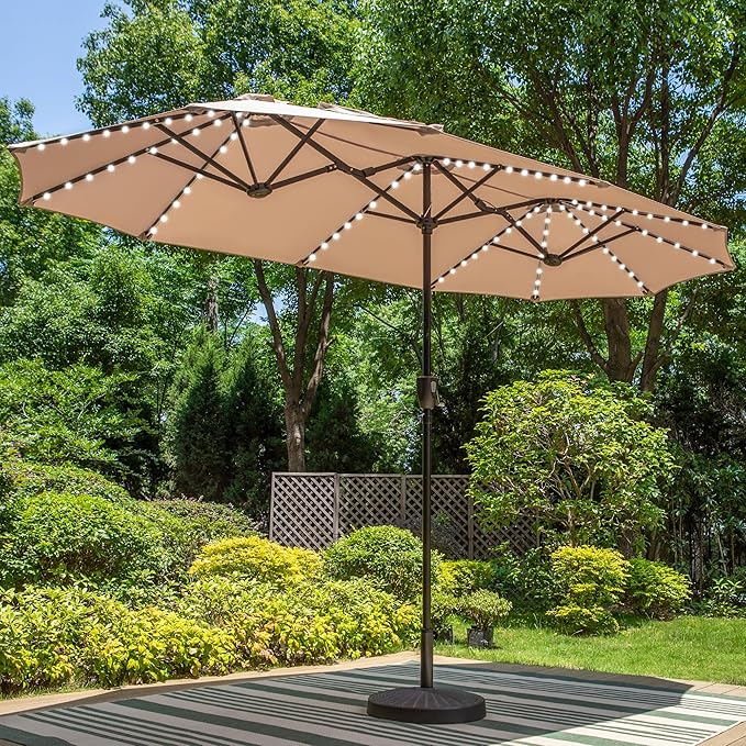 PHI VILLA 13ft Patio Umbrella with Solar-Powered 120 PCS LED Color-Changing Lights, Triple-Head Large Rectangle Umbrella Outdoor Patio for Table with Crank Lift,Beige(No Base) by PHIVILLAThepioneerofcomfortablehouseholdsupplies