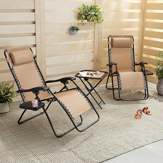 Amazon Basics Outdoor Textilene Adjustable Zero Gravity Folding Reclining Lounge Chair Set with Cup Holder, Side Table, Headrest, Weather-Resistant, 35 x 26 x 43 inches, Beige, 2-Pack - Image 2