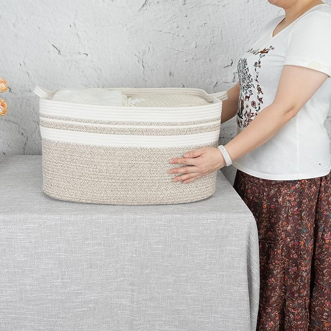 Large Rectangle Blankets Basket Living Room 22"x17"x12" Woven Cotton Rope - Image 3